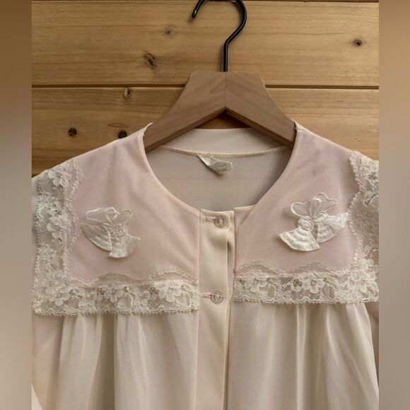 Vintage Lacey Coquette Petal Pink Sz Medium Button Front Lightweight Bed Jacket - Picture 4 of 11
